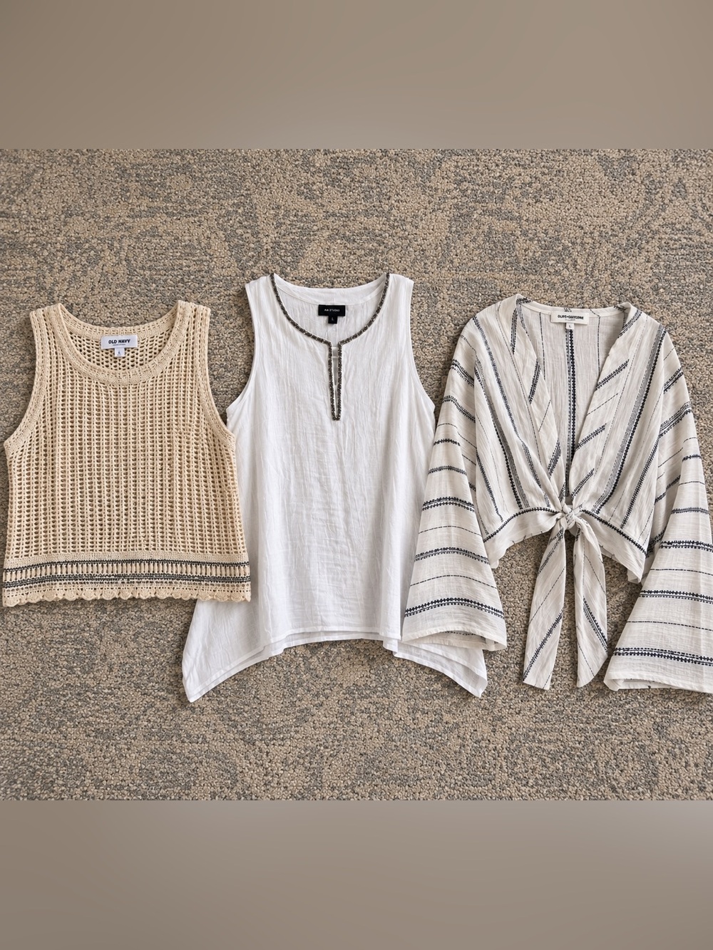 3-Piece Neutral Boho Top Bundle | Crochet, Linen + Tie Front | ONavy & AB Studio